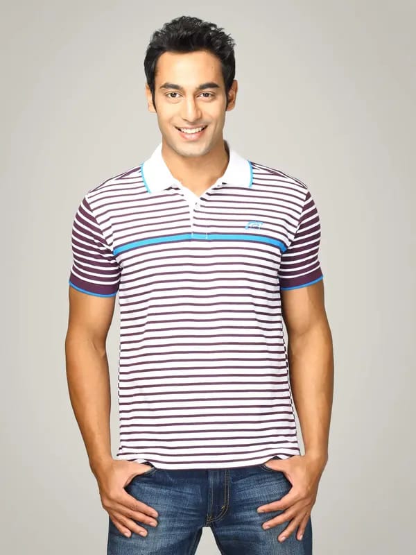 Proline Men White & Purple Striped Polo T-shirt