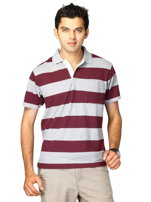 Proline Men Grey & Maroon Striped Polo T-shirt