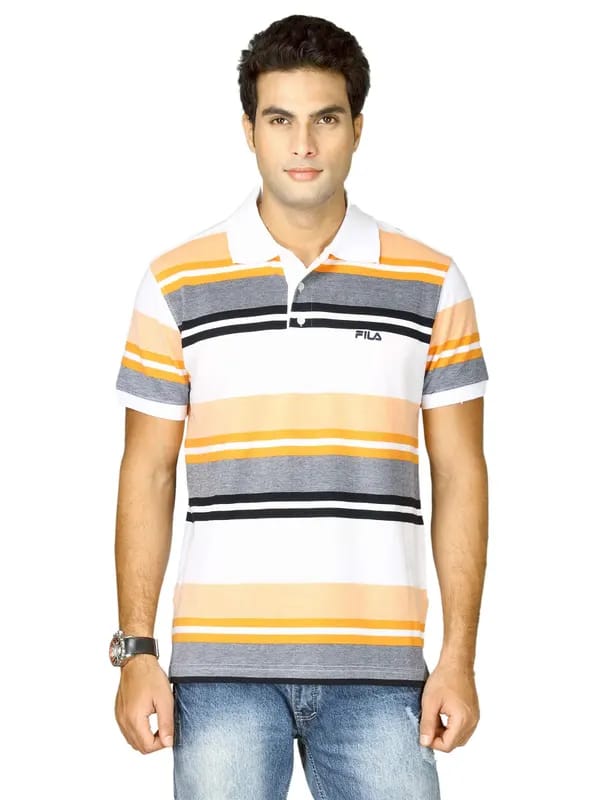 Fila Men's Striper Pique Polo White Orange Navy T-shirt