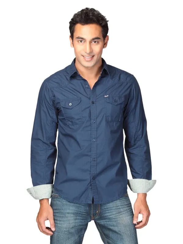 Locomotive Men Solid Poplin Lam Navy Blue Shirts