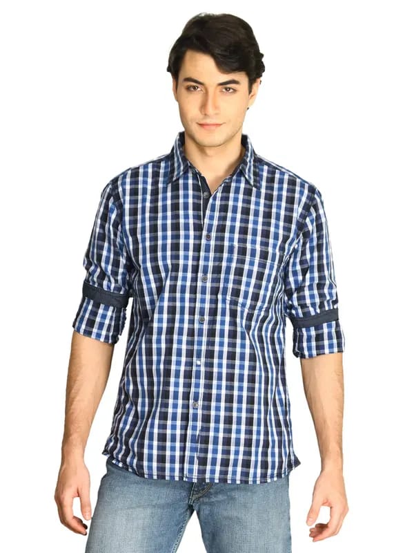 Indigo Nation Men Checks Shirt Navy Blue Shirts