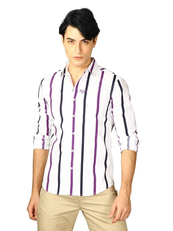 Spykar Men Ranger Purple-Black Stripe White Shirts