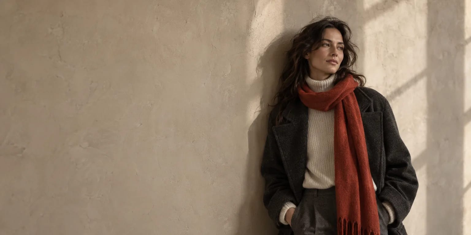 Woman in a long wool coat and a vermilion scarf leaning against a stone wall