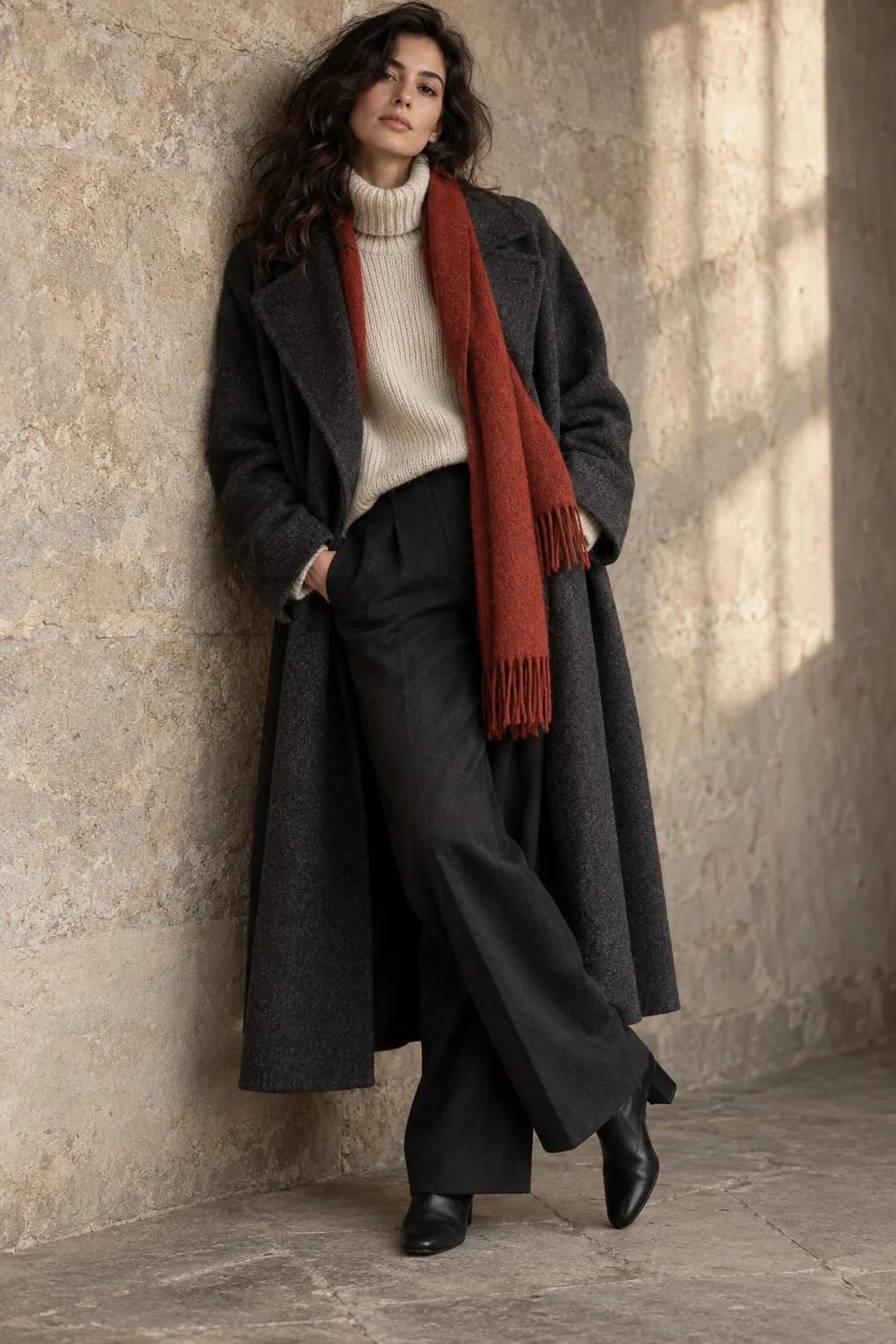 Woman in a long wool coat and a vermilion scarf leaning against a stone wall