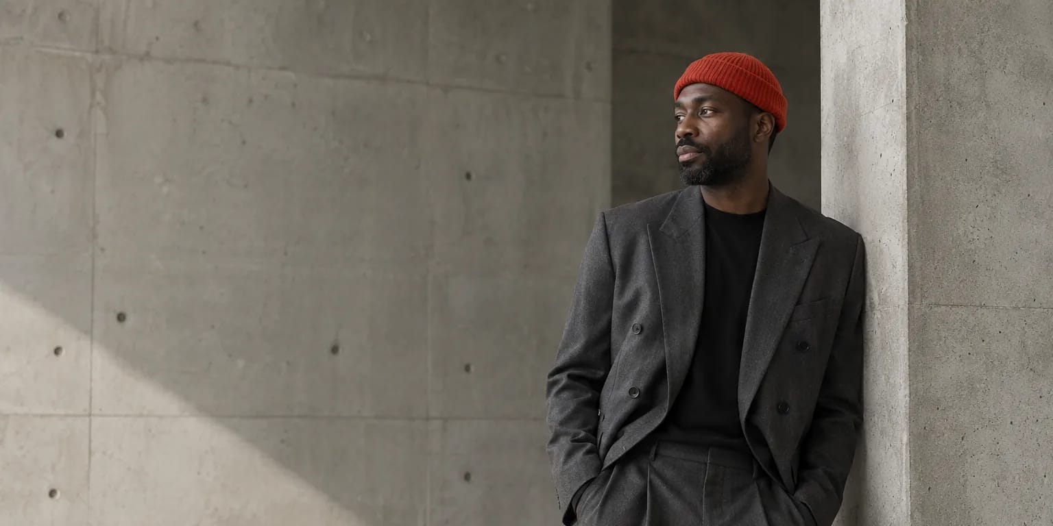 Man in a grey double-breasted suit and a vermilion beanie in concrete architecture