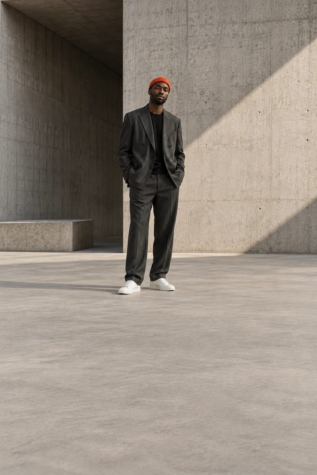 Man in a grey double-breasted suit and a vermilion beanie in concrete architecture