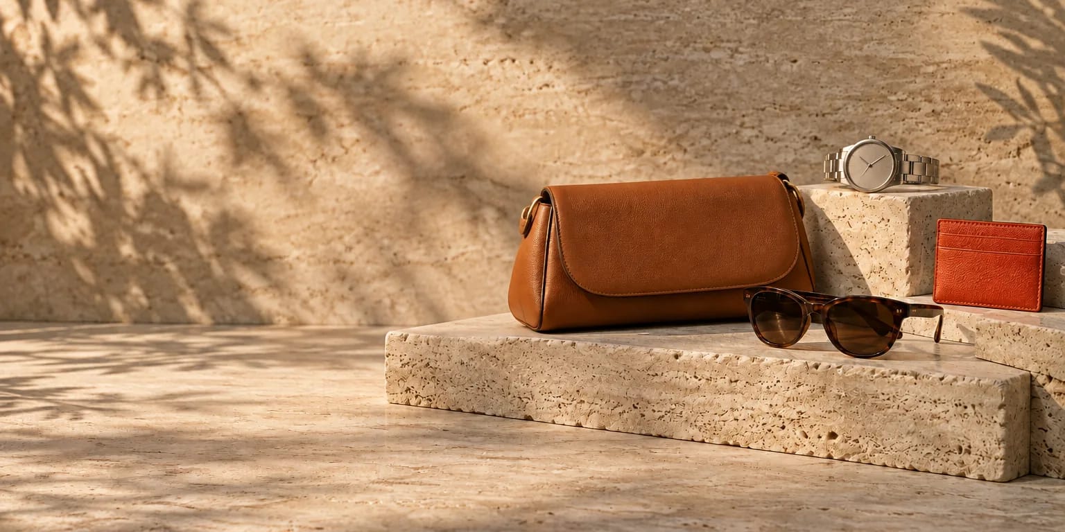 Leather tote bag, sunglasses, watch and card holder on travertine blocks