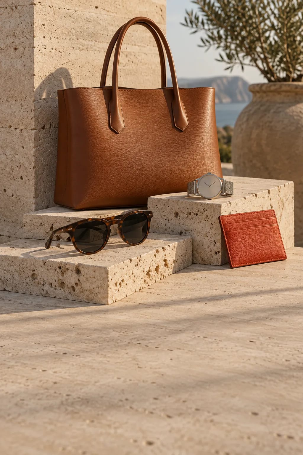 Leather tote bag, sunglasses, watch and card holder on travertine blocks