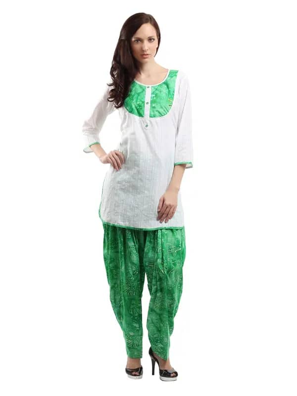 Ayaany Women White & Green Self-Design Patiala Kurta Set