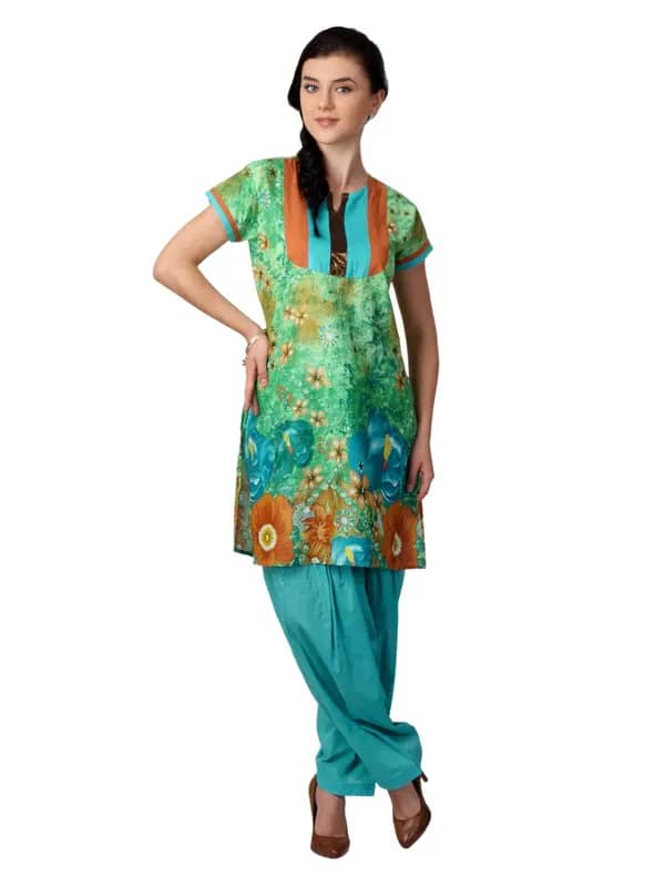 Shree Women Green and Blue Printed Patiala Kurta Set